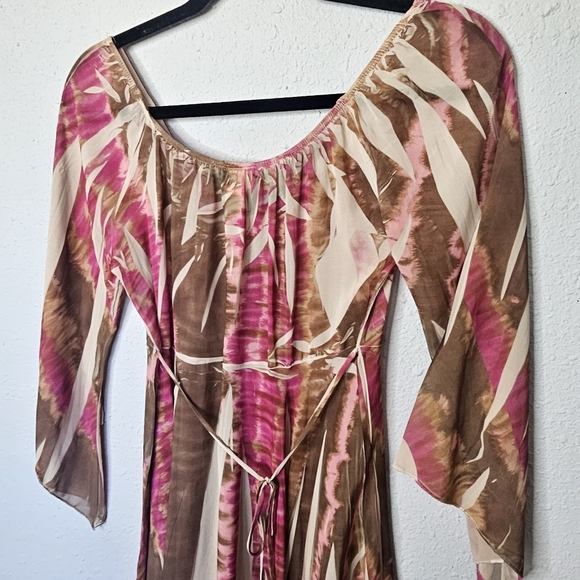 Vtg Rave Top Womens Medium Flowy Asymmetrical Fairy Y2K Babydoll Shirt Pink Tan - Picture 9 of 11